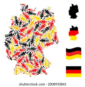 Deutschland kartographiert Mosaik in offiziellen deutschen Flaggenfarben - rot, gelb, schwarz. Die Design-Elemente des Vektormanns sind in eine mosaike deutsche Kartenkollektion unterteilt.