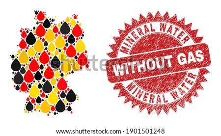 Germany map mosaic in German flag official colors - red, yellow, black, and rubber Mineral Water Without Gas red rosette stamp imitation.