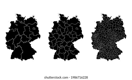 Alemania mapea municipal, región, división estatal. Bordes administrativos, contorno de negro sobre ilustración vectorial de fondo blanco.