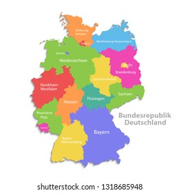Germany map, new political detailed map, separate individual regions, with state names, isolated on white background 3D vector