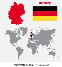 Germany map on a world map with flag and map pointer. Vector illustration