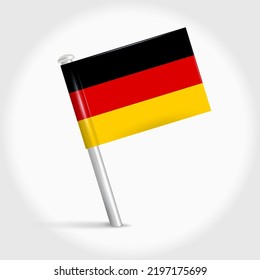 Germany map pin flag icon. German pennant map marker on a metal needle. 3D realistic vector illustration.