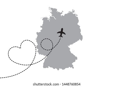 Germany Map with a Plane Flying on a Heart Shaped Dotted Route