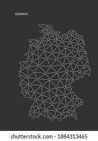 Deutschland Map Point skaliert auf schwarzem Hintergrund. Weiße Linie, Punkt- und Schattenpunkt des Netzwerks mit Drahtrahmen.