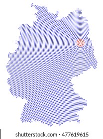 Germany map radial dot pattern. Blue dots going from the red dotted capital Berlin outwards and form the country silhouette with the island Ruegen. Illustration on white background.