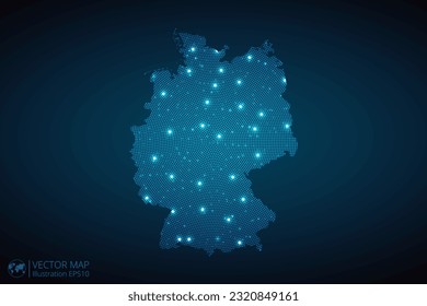 Germany map radial dotted pattern in futuristic style, design blue circle glowing outline made of stars. concept of communication on dark blue background. Vector EPS10