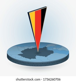 Germany map in round isometric style with triangular 3D flag of Germany, vector map in blue color. 