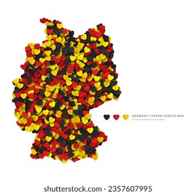 Germany Map From Scattered Paper Hearts In Colours Of National Flag Vector Isolated On White Background. Deutschland Border In Official Colors Pattern Art Illustration For Print And Poster Design