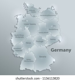 Germany map separate region individual names glass card 3D vector
