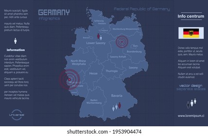 Germany map, separate regions with names, infographics blue flat design vector