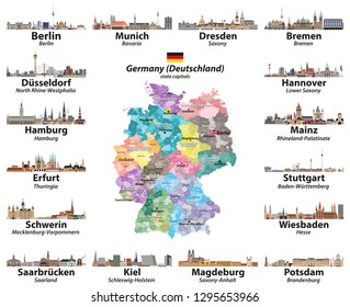 Germany map with state capitals cities skylines detailed vector illustrations. All layers are labelled and well organized