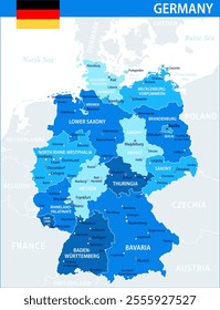 Germany Map Vector Blue Spot - Customizable layered political map of Germany with administrative divisions for website, education, reports, news, politics, print, poster and wallpaper