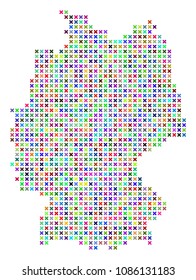 Germany map. Vector composition of geographic scheme. Regular pattern is created of x-cross pixels in different colors. Abstract pixelated Germany map designed for political and economical posters.