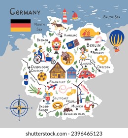 Mapa vectorial de Alemania, planilla de banner geográfico de país europeo, colorida aventura de ilustración, tarjeta de viaje decorativa, símbolo y edificios señalización atracción para el diseño afiche turístico, fondo