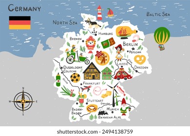 
Germany map vector, european country geographic horizontal banner template, colorful illustration adventure, decorative travel card, symbol buildings sign attraction for design touristic poster