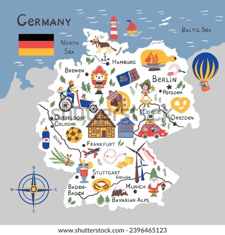 Germany map vector, european country geographic banner template, colorful illustration adventure, decorative travel card, symbol and buildings sign attraction for design touristic poster, background