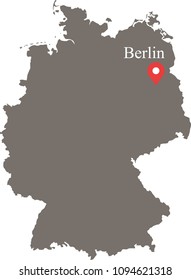 Germany map vector outline illustration with capital location and name, Berlin, in gray background. Highly detailed accurate map of Germany prepared by a map expert.