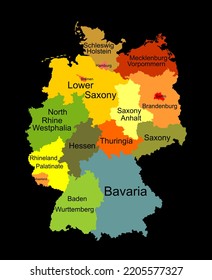 Germany map vector silhouette illustration isolated on black background. Deutschland autonomous communities. High detailed colorful Germany regions administrative divisions, separated provinces map.