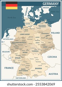 Germany Map Vector Vintage Dark Blue Beige - Customizable layered political map of Germany with administrative divisions for website, education, reports, news, politics, print, poster and wallpaper