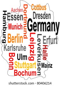 Germany map and words cloud with larger cities. vector