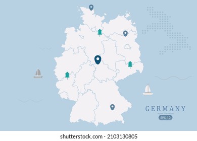 Germany Map - World Map International vector template High detailed with white color isolated on blue background including simple point of location, tree, boat icon - Vector illustration eps 10