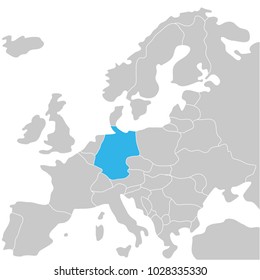Germany marked by blue in grey political map of Europe. Political map of the world. Europe. Gray world map-countries.