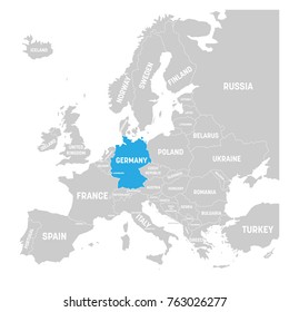 Germany marked by blue in grey political map of Europe. Vector illustration.