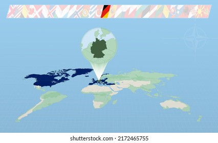 Deutschland Mitglied der Nordatlantischen Allianz ausgewählt auf der Perspektive Weltkarte. Flaggen von 30 Mitgliedern der Allianz. Vektorgrafik.