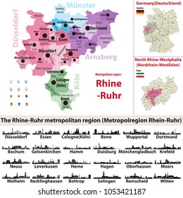 Germany metropolitan region Rhine-Ruhr vector map with largest cities skylines silhouettes