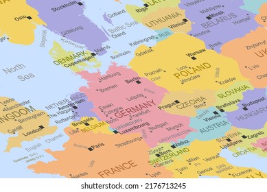 Germany in the middle of europe map, close up Germany, travel idea, pinned destination, top view, vacation and road trip concept, colorful map with location icon
