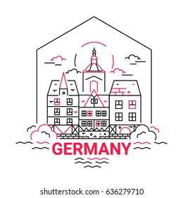 Germany - modern vector line travel illustration. German vacation. Landmark image. An unusual composition with the Wunderland building, city, cloud, sun, tree, river, bridge in the sky background