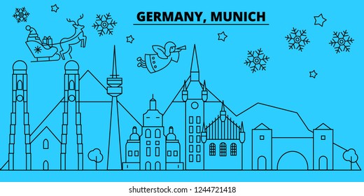 Germany, Munchen winter holidays skyline. Merry Christmas, Happy New Year decorated banner with Santa Claus.Germany, Munchen linear christmas city vector flat illustration