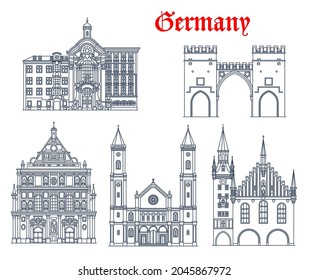 Germany, Munich architecture buildings and travel landmarks, vector. German St Ludwig kirche, Saint. Michael Jesuit church, Karlstor gates or Neuhauser Tor, Old Town Hall and Asam Church or Asamkirche