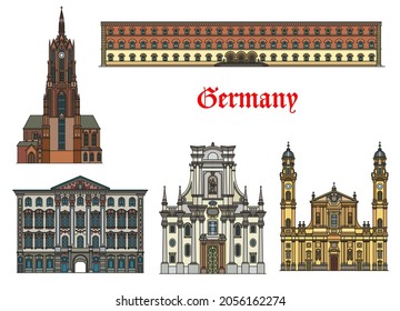 Germany, Munich architecture buildings and travel landmarks, vector. Preysing Palace and Bavarian State Library, St Cajetan Theatine and Trinity church, Saint Bartholomew cathedral dom in Munchen