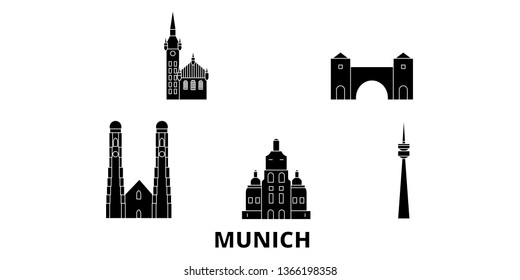 Germany, Munich flat travel skyline set. Germany, Munich black city vector illustration, symbol, travel sights, landmarks.