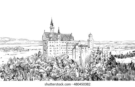 Germany. Munich. Neuschwanstein Castle. Hand drawn city vector illustration