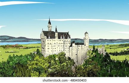 Germany. Munich. Neuschwanstein Castle. Hand drawn city vector illustration