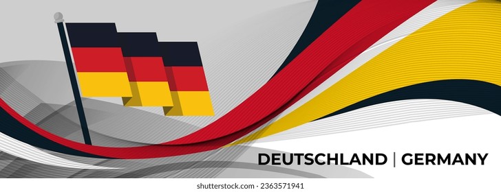 Diseño de pancartas del Día Nacional de Alemania. Bandera alemana Deutschland tema olas gráficas fondo web de arte. Patrón abstracto, amarillo rojo negro. Alemania marca la ilustración de vector de espiral geométrica corporativa.