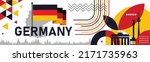 Germany National day or Deutschland banner with retro abstract geometric shapes, berlin landscape landmarks. German flag and map. Red yellow black colors scheme. German Unity Day. Vector Illustration