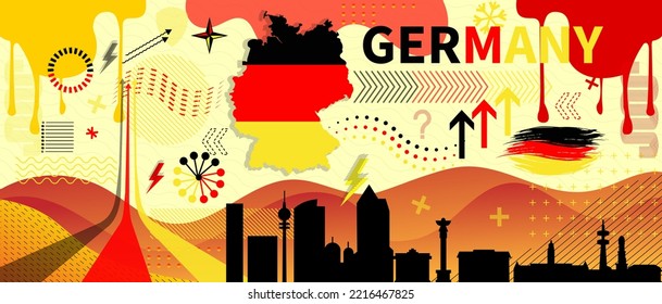 Germany National day or Deutschland banner with retro abstract geometric shapes, German flag and map. Red yellow black colors scheme. German Unity Day. Vector Illustration