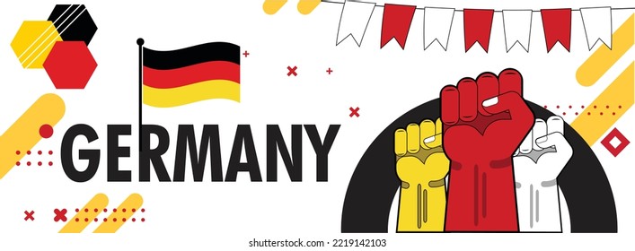 Germany National day or Deutschland banner with retro abstract geometric shapes, German flag and patriot. Red yellow black colors scheme. German Unity Day. Vector Illustration