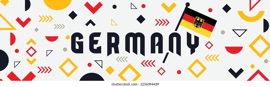 Germany National day or Deutschland banner with retro abstract geometric shapes, berlin landscape landmarks. German flag and map. Red yellow black colors scheme. German Unity Day. Vector Illustration
