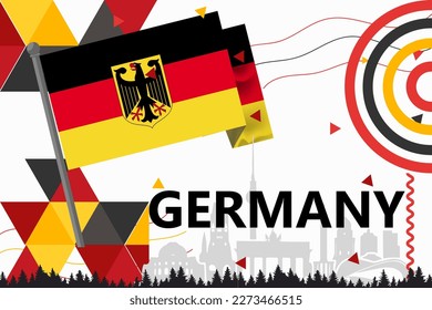 Germany National day or Deutschland banner abstract geometric shapes, berlin landscape landmarks. German flag and map. Red yellow 