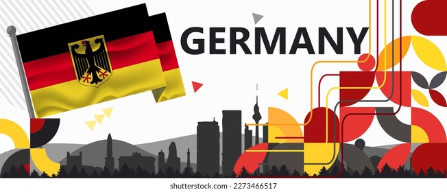 Germany National day or Deutschland banner abstract geometric shapes, berlin landscape landmarks. German flag and map. Red yellow 