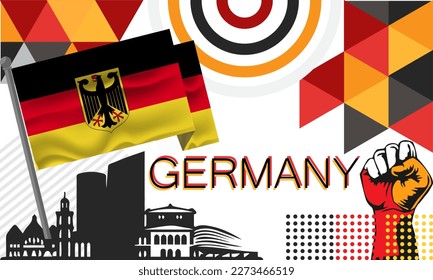 Germany National day or Deutschland banner abstract geometric shapes, berlin landscape landmarks. German flag and map. Red yellow 