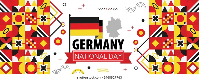 Germany National day or Deutschland banner with retro abstract geometric shapes, berlin landscape landmarks. German flag and map. Red yellow black colors scheme. German Unity Day. 