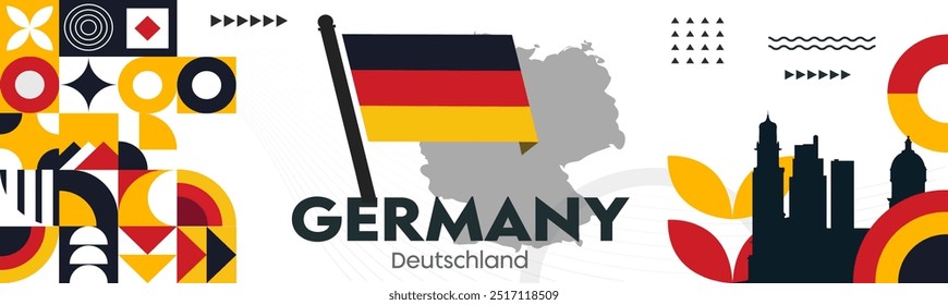 Germany National day, Deutschland banner with abstract geometric shapes, berlin landscape .German flag and map. German Unity Day, Retro vector Illustration