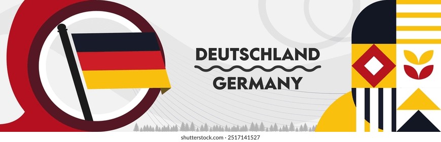 Germany National day, Deutschland banner with abstract geometric shapes, berlin landscape , German flag and map. German Unity Day, Retro vector Illustration