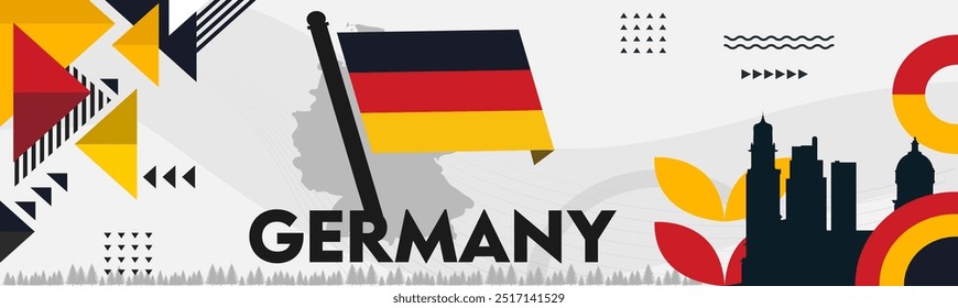 Dia Nacional da Alemanha, Deutschland banner com formas geométricas abstratas, paisagem de berlim , bandeira alemã e mapa. Dia da Unidade Alemã, Ilustração de vetor retrô