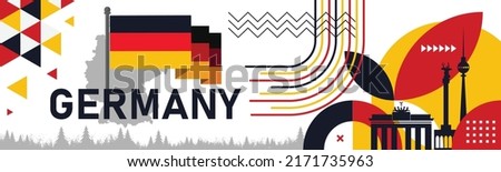 Germany National day or Deutschland banner with retro abstract geometric shapes, berlin landscape landmarks. German flag and map. Red yellow black colors scheme. German Unity Day. Vector Illustration Foto d'archivio © 